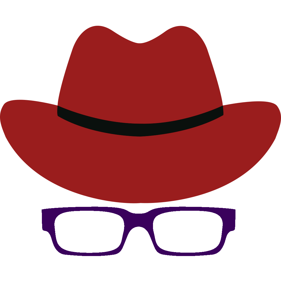 logo with a red fedora and purple glasses